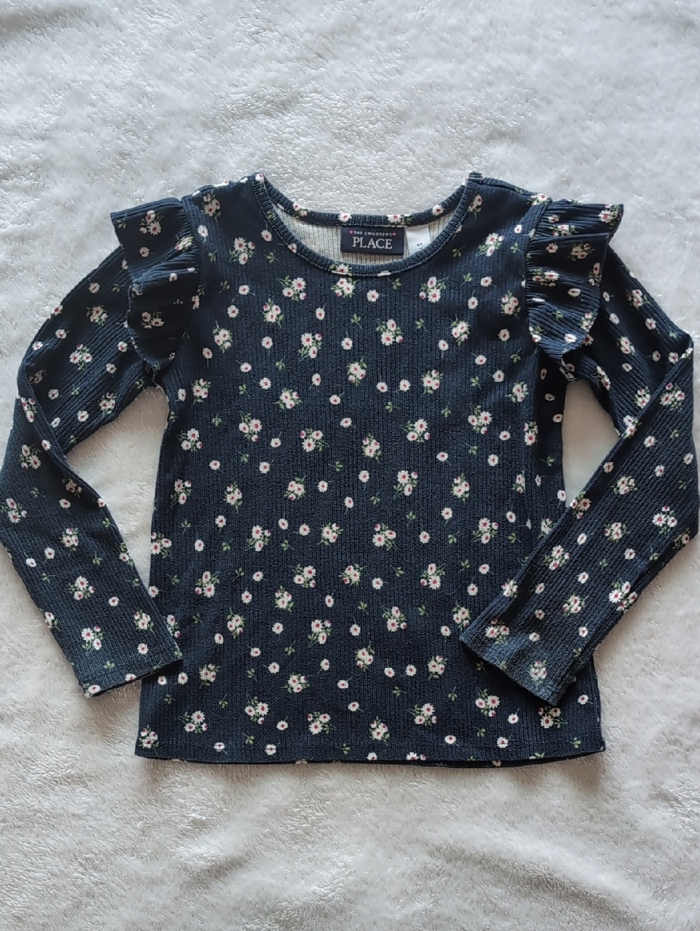 The Children's Place Navy Floral Ruffle-Shoulder Long Sleeve Tee